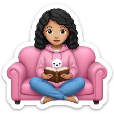 Una chica linda de cabello negro con ondas hasta los hombros de piel blanca con una sudadera rosa en un sofá cómodo y hermoso leyendo la biblia sticker