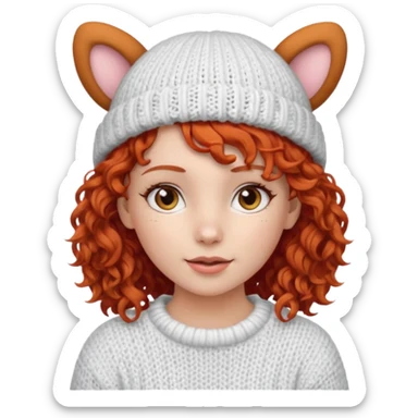 A red-haired curly-haired girl in a white knitted hat with ears sticker