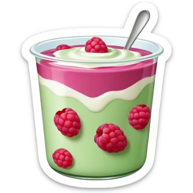 Fruits like yogurt, raspberries, probiotik, in 3d view, aesthetic! Show the green or pink colour sticker