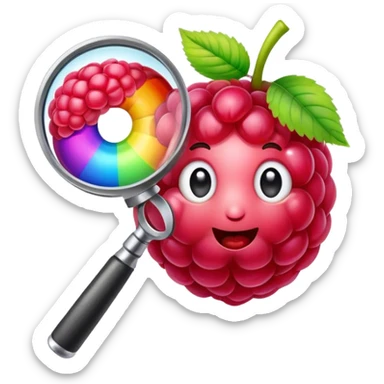 a raspberry holds an rainbow colored magnifier sticker