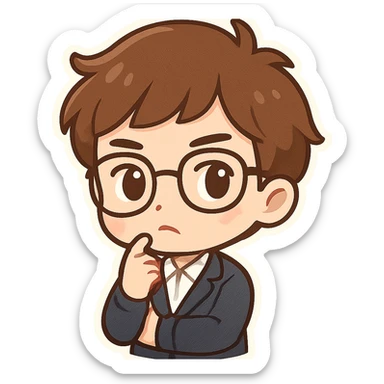 chico de cabello castaño y piel blanca, con una pose de inteligente, expresión pensativa, estilo chibi stickers sticker