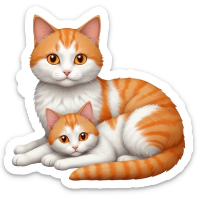 full body of a grey and white cat cuddling a very small + skinny ginger and white kitten with deep orange eyes and triangular shaped face lying down sticker