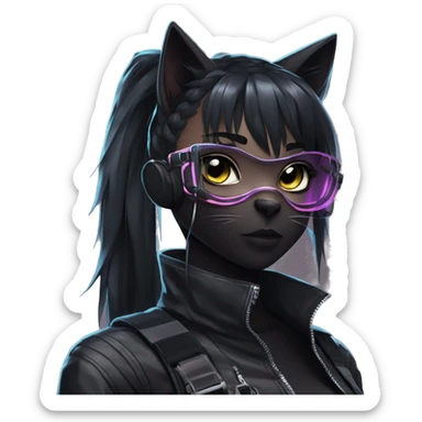Gorgeous cyberpunk ponytail dark techwear anime style anthro black cat furry with blushing face aesthetic and pretty edgy black with collar and harness trending style sticker