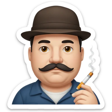 a fat father in a flat-brimmed cap with a tattoo, a cigarette in his mouth, and a mustache. sticker