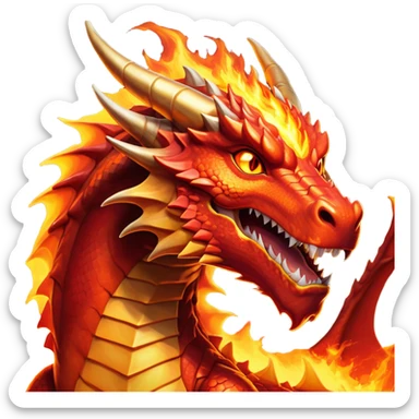 cinematic-noble-fierce-fire-dragon-portrait-emoji,-poised-and-imposing,-with-a-muscular,-scaled-body-ablaze-in-fiery-hues-of-crimson,-molten-orange,-and-molten-gold,-and-intense,-burning-eyes-that-mirror-the-heart-of-a-volcano;-rendered in detail sticker