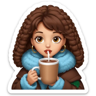 Tanned Girl with lashes , brown hair, in an extremely big fluffy oversized coat and hold hot chocolate drink and big eyes, big lip sticker