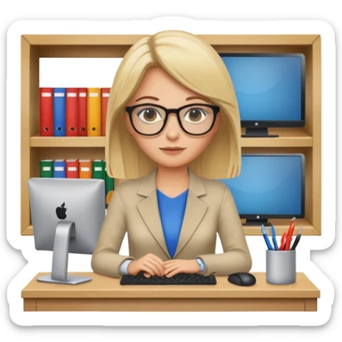 donna bella, occhi azzurri con occhiali, capelli medi, lisci e biondi, lavora al pc. sullo sfondo una libreria sticker