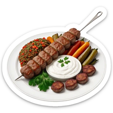 Cinematic Realistic image of a long, hand shaped Turkish Köfte, rendered with richly spiced meat textures and subtle grill marks, artfully arranged on a traditional Turkish ceramic plate alongside classic sides such as a serving of aromatic pilaf, crisp grilled vegetables, and a dollop of creamy yogurt, all bathed in warm, appetizing lighting that emphasizes its savory allure. sticker