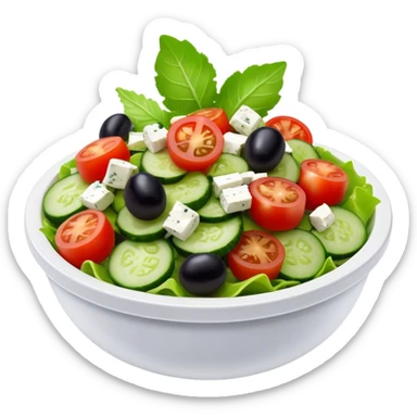 Cinematic Realistic Greek Salad Dish Emoji, depicted with crisp lettuce, tomatoes, cucumbers, olives, and feta cheese rendered with vibrant textures and fresh, natural lighting. sticker