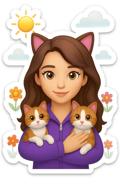 Add a simple, cheerful background to the scene with a girl with long, wavy brown hair, brown eyes, purple clothes, and a three-color cat, in emoji style. sticker