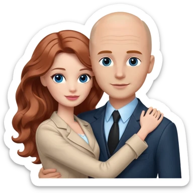 Barbie girl  , eyes blue , Chestnut red long wavy hair In pale beige clothes, Hugs a man with light brown hair bald, brown eyes , and a black suit sticker