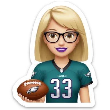 full length women wearing eagles uniform, medium blonde hair, straight across bangs, black glasses, holding football, number 33, smiling, purple lipstick sticker