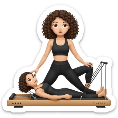 brunette,curly hair shoulder lenght,turkish,beautiful,with some eyelined eyes, 3b girl doing reformer pilates with black pilates cutesy set,on reformer machine,making different moves. sticker