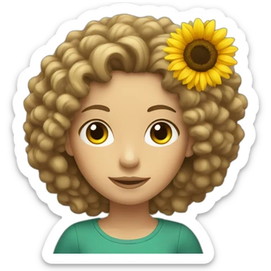 White woman with curly hair holding a sunflower sticker