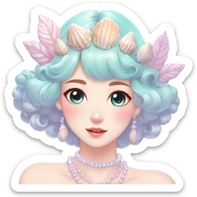 Gorgeous pastel anime style lady with blushing face and seashells tiara pearls dress necklace cottagecore fairycore pastelcore colorful pearly romantic simplistic aesthetic trending style sticker