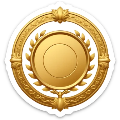 An elegant golden medal emblem with a sophisticated crest design, intricate details, ornamental flourishes, and a luxurious finish sticker