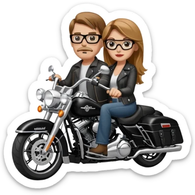 Un couple de biker sur une harley road king noire, l'homme sans moustache et une paire de lunettes demetz ros21, la fille a des cheveux plus dans les tons chatain sticker