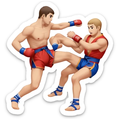 An icon symbolizing Sambo, featuring two fighters in blue and red kimonos with shorts and wrestling shoes. One executes a powerful throw, while the other attempts a defensive grab. The fighters are engaged in a grapple, using joint locks and sweeps.  sticker