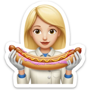 Naked blonde with both hands grabbing hotdog weiner sticker