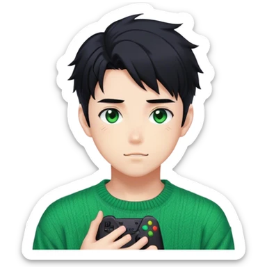 Gorgeous green sweater black hair anime style shojo guy with blushing face and gamer, aesthetic, trending style outside  sticker