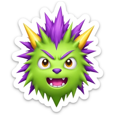 silly and furry monster in a flat art style with no shading. The monster should have a playful, cartoonish expression, with a green furry body, purple spiky hair, and small stitches on its forehead, resembling a Frankenstein-solana-inspired creature. Include small bolts on the sides of its head with tiny yellow lightning sparks for a quirky touch. The design should be simple, bold, and colorful, with clean lines and a light gray background to make the monster pop sticker