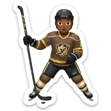 Back Shot Of Hockey Player Celebrating, sliding on one knee, with Left hand raised holding his stick by the middle of the shaft. Right Hand Touching the ice.
Black and Gold Jersey sticker