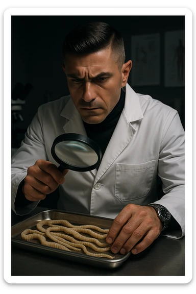 A middle-aged male kinesiologist wearing a pristine white lab coat, intensely analyzing long, beige tapeworms (like Taenia) under a magnifying glass. His expression is focused and slightly concerned, with dramatic studio lighting casting sharp shadows. The parasites are highly detailed, moist, and textured, stretched across a sterile metal tray. The background is blurred but suggests a clinical environment—hints of a microscope, medical charts, and clean lab equipment. The style is hyper-realistic, with a cinematic contrast between the bright white coat and the grotesque, organic forms of the parasites. No sci-fi elements, just raw medical realism with a disturbing edge sticker