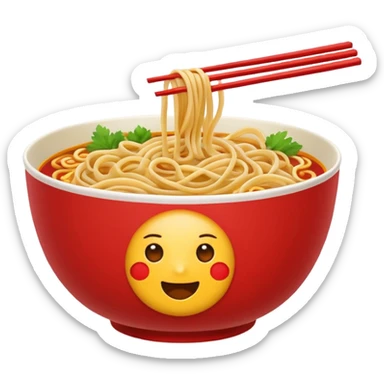 Chinese cuisine humanless avatar in bright emoji-style illustration. Noodles bowl, red and gold colors, simple shapes, flat design, bold and energetic. sticker