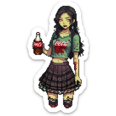 Generate an Asian girl, dark-haired, she's a zombie, wearing a skirt with lace, slightly torn,

Holding a bottle of Coca-Cola in her hands.

Background - a dark street in the style of Gotham City. sticker