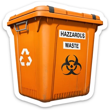 empty orange BIN WITH "hazardous WASTE" WORD IN IT sticker