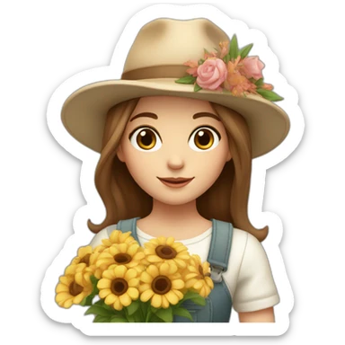 white skin, Girl with a hat, brown hair straight to the shoulders, holding a bouquet of flowers sticker