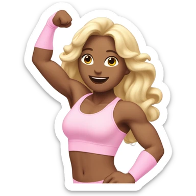 Woman, white skin, pale skin, long hair, blonde hair, wavy hair, baby pink sports bra, baby pink leggings, flexing one arm up sticker