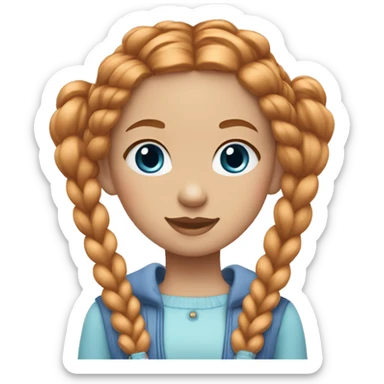 girl with reddish-blonde hair, blue eyes, and thick twin braids, wearing a cute outfit with pastel colors sticker