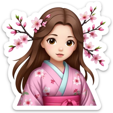 Girl with long brown hair wearing a kimono with cherry blossom patterns sticker