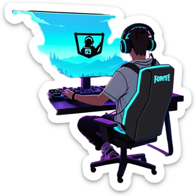 A gamer in a pro set up gaming room with LED lights playing Fortnite sticker