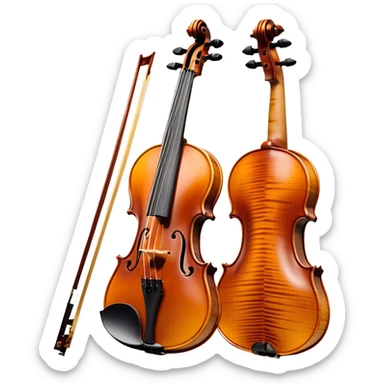 Create an elegant and detailed emoji representing a Stradivari violin. The design should showcase the finely crafted wooden body of the violin, with its smooth curves and rich, golden-brown wood finish. Highlight the intricate f-holes, fingerboard, and bridge. The bow should be placed next to the violin, with visible horsehair and a polished wooden stick. Use warm, deep wood tones for the body and subtle silver or gold accents for the fittings. Add a soft glow or light reflections to emphasize the exquisite craftsmanship and timeless beauty of the instrument. The background should be transparent. sticker