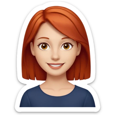 Mulher com cabelo liso mediano cor ruivo, olhos castanhos branca sorrindo sticker