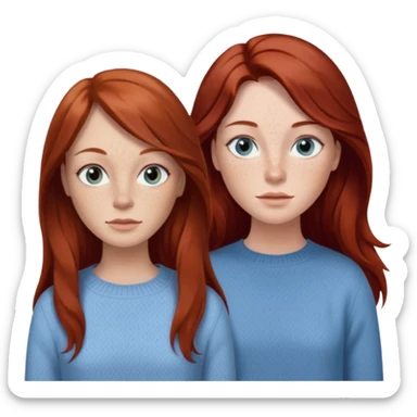 woman with long dark auburn red hair that is mostly straight but has slight waves to it. grey blue eyes. some freckles. wearing a Swedish style sweater that is neutral. the image on the right is closer sticker