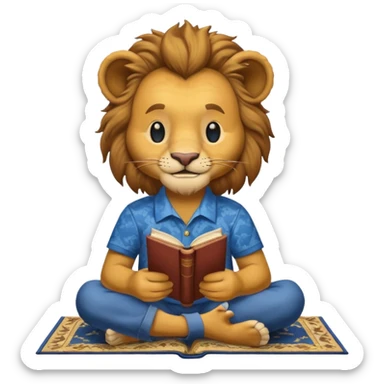 Happy lion reading Abraham Lincoln on a carpet with blue and yellow shirt on sticker