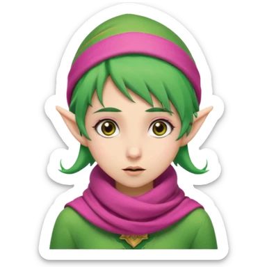 An elf girl with green hair, brown eyes, and a pink scarf who appears to be extremely stressed. sticker