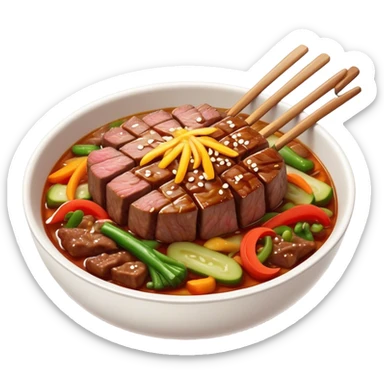 Cinematic Realistic Bulgogi Dish Emoji, featuring tender, marinated beef stir-fried with vegetables rendered with dynamic textures and mouth-watering lighting. sticker