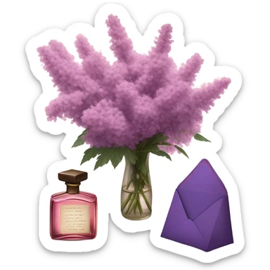 Aesthetic still life of soft pink mimosa flowers, a vintage-style purple perfume bottle, a love note, and a deep purple envelope.
 sticker