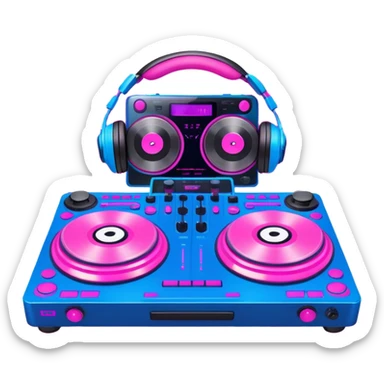 Create a dynamic and modern emoji that represents electronic music and DJing. The design should feature a DJ controller with two vinyl turntables, DJ headphones, and glowing sound waves or a waveform to symbolize the energy of mixing and electronic beats. Use vibrant neon colors like electric blue, neon pink, or green to represent the futuristic and pulsating nature of electronic music. Add subtle details of flashing lights or abstract patterns to evoke the nightclub or festival atmosphere. The background should be transparent. sticker