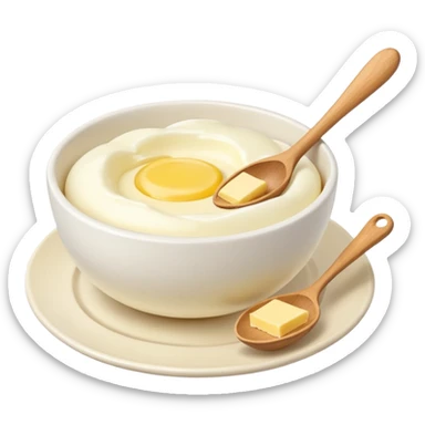 a dozen eggs, a ceramic mixing bowl with a wooden spoon and a plate of butter sticker