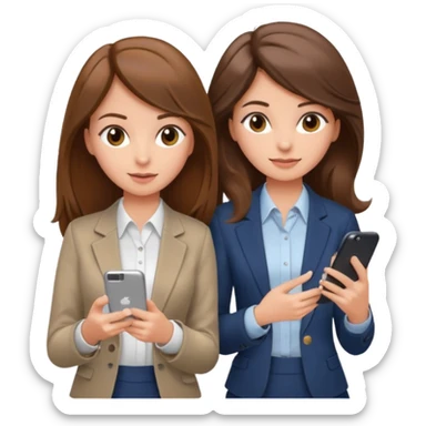 two brown haired girls, looking professional maybe leaned back on back and looking forward and using phones, with longer hair and with some cute clothes without ties, blowout hair, one girl can hold lap top athoer one can hold the phone sticker