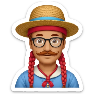 venice gondolier with long red braided hair, iconic hat, normal glassess and mustache sticker