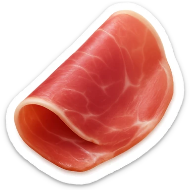 Show only one thin, delicately folded slice of dry-cured ham (jambon cru) with deep pink to reddish hue and visible streaks of white fat. Texture should be silky, slightly translucent, and marbled, with a natural fold or curl. Fat should look creamy and well integrated. Clean 3D, soft lighting, transparent background, emoji scale. sticker