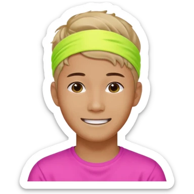 Korean 27-year-old male health coach / Wearing fluorescent colors / White face / Hairband / Smiling expression / Short hair / sticker