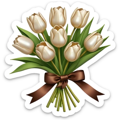 A bouquet of pearl-colored tulips tied with a brown silk bow  sticker