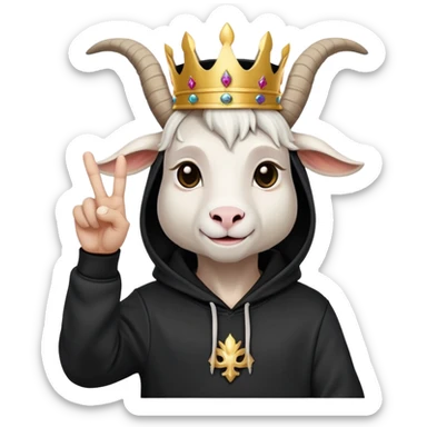 White Goat with horns and bread wearing black hoodie and a royal crown do the peace sign sticker